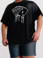 Erkek Büyük Beden Kart Baskılı Düz Renk Kısa Kollu Bisiklet Yaka Tişört Gündelik Giyim - Siyah - Görsel 3