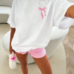 Fiyonk Baskılı Oversize Bisiklet Yaka T-shirt - Beyaz