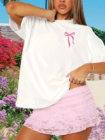 Fiyonk Baskılı Oversize Bisiklet Yaka T-shirt - Beyaz - Görsel 2