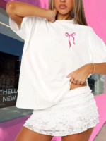 Fiyonk Baskılı Oversize Bisiklet Yaka T-shirt - Beyaz - Görsel 4