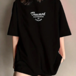 Thousand Baskılı Oversize Bisiklet Yaka T-shirt - Siyah