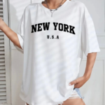 New York Baskılı Oversize Bisiklet Yaka T-shirt - Beyaz