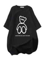 Baskılı Oversize Bisiklet Yaka T-shirt - Siyah - Görsel 2