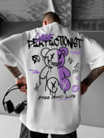 Baskılı Oversize Bisiklet Yaka T-shirt - Beyaz