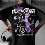 Baskılı Oversize Bisiklet Yaka T-shirt - Siyah