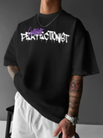 Baskılı Oversize Bisiklet Yaka T-shirt - Siyah - Görsel 2