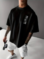 Baskılı Oversize Bisiklet Yaka T-shirt - Siyah - Görsel 2