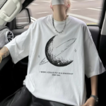 Baskılı Oversize Bisiklet Yaka T-shirt - Beyaz