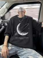 Baskılı Oversize Bisiklet Yaka T-shirt - Siyah