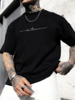 Baskılı Oversize Bisiklet Yaka T-shirt - Siyah