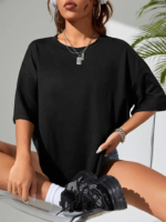 Baskılı Oversize Bisiklet Yaka T-shirt - Siyah - Görsel 2