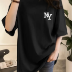 Baskılı Oversize Bisiklet Yaka T-shirt - Siyah