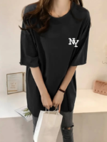 Baskılı Oversize Bisiklet Yaka T-shirt - Siyah - Görsel 2