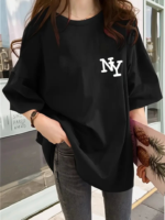 Baskılı Oversize Bisiklet Yaka T-shirt - Siyah - Görsel 3