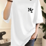 Baskılı Oversize Bisiklet Yaka T-shirt - Beyaz