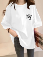 Baskılı Oversize Bisiklet Yaka T-shirt - Beyaz - Görsel 2