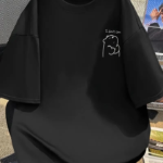 Baskılı Oversize Bisiklet Yaka T-shirt - Siyah