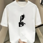 Rahat Bisiklet Yaka Tişört, Yaratıcı Karikatür Baskı - Yumuşak Polyester, Her Mevsim Giyilebilir- Beyaz