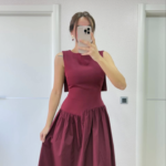 Arkası Kanatlı Uzun Elbise- Bordo