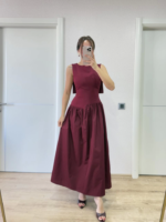 Arkası Kanatlı Uzun Elbise- Bordo - Görsel 2