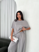 Osy Modal Yumuşak Dokulu Kumaş Bisiklet Yaka T-shirt  Bol Paça Pantalon Ikili Takım - Boyalı Gri - Görsel 3