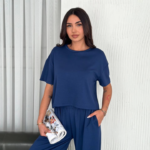 Osy Modal Yumuşak Dokulu Kumaş Bisiklet Yaka T-shirt Bol Paça Pantalon Ikili Takım -Saks Mavi