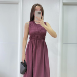 Kolsuz Göğüs Lastıklı Uzun Elbise - Bordo