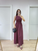 Kolsuz Göğüs Lastıklı Uzun Elbise - Bordo - Görsel 4