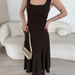 Sırt Dekolteli Kolsuz Uzun Elbise - Kahverengi