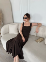 Sırt Dekolteli Kolsuz Uzun Elbise - Kahverengi - Görsel 4