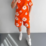 İki İplik Kumaş Baskılı T-shirt Şortlu Takım- Turuncu
