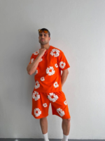 İki İplik Kumaş Baskılı T-shirt Şortlu Takım- Turuncu - Görsel 2