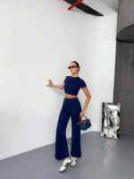 Osy Modal Yumuşak Dokulu Kumaş Kısa Kollu Crop Alt Ispanyol Paça Pantalon Ikili Takım - Lacivert - Görsel 2