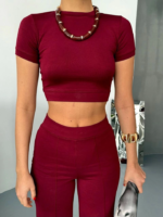 Osy Modal Yumuşak Dokulu Kumaş Kısa Kollu Crop Alt Ispanyol Paça Pantalon Ikili Takım - Bordo - Görsel 3