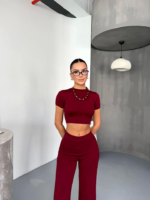 Osy Modal Yumuşak Dokulu Kumaş Kısa Kollu Crop Alt Ispanyol Paça Pantalon Ikili Takım - Bordo - Görsel 4