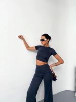 Osy Modal Yumuşak Dokulu Kumaş Kısa Kollu Crop Alt Ispanyol Paça Pantalon Ikili Takım - Füme - Görsel 2