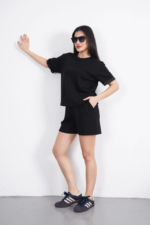 Osy Modal Yumuşak Dokulu Kumaş Bisiklet Yaka T-shirt Kısa Şort İkili Takım - Siyah - Görsel 2