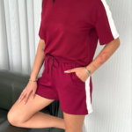 Osy Modal Yumuşak Dokulu Kumaş Parçalı Bisiklet Yaka T-shirt Kısa Şort İkili Takım -  Bordo