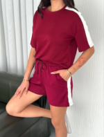 Osy Modal Yumuşak Dokulu Kumaş Parçalı Bisiklet Yaka T-shirt Kısa Şort İkili Takım -  Bordo