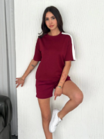 Osy Modal Yumuşak Dokulu Kumaş Parçalı Bisiklet Yaka T-shirt Kısa Şort İkili Takım -  Bordo - Görsel 2