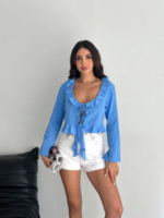 Keten Uzun Kol Bağacık Detaylı Bluz - Mavi - Görsel 3