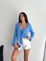 Keten Uzun Kol Bağacık Detaylı Bluz - Mavi - Görsel 4