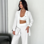 Yakalı Düğmeli Uzun Kollu Gömlek Pantolon Ikili Takım - Beyaz