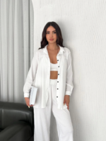 Yakalı Düğmeli Uzun Kollu Gömlek Pantolon Ikili Takım - Beyaz - Görsel 3