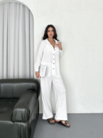 Yakalı Düğmeli Uzun Kollu Gömlek Pantolon Ikili Takım - Beyaz - Görsel 4