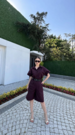 Yakalı Gömlek Kemerli Şortlu Takım - Bordo