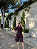 Yakalı Gömlek Kemerli Şortlu Takım - Bordo - Görsel 4