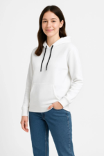 Üç İplik Kapüşonlu Kanguru Çepli SweatShirt Hoodie - Beyaz - Görsel 3