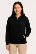 Üç İplik Kapüşonlu Tam Fermuarlı Kanguru Çepli SweatShirt Hoodie - Siyah - Görsel 2