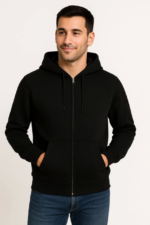 Erkek Üç İplik Kapüşonlu Tam Fermuarlı Kanguru Çepli SweatShirt Hoodie - Siyah - Görsel 2